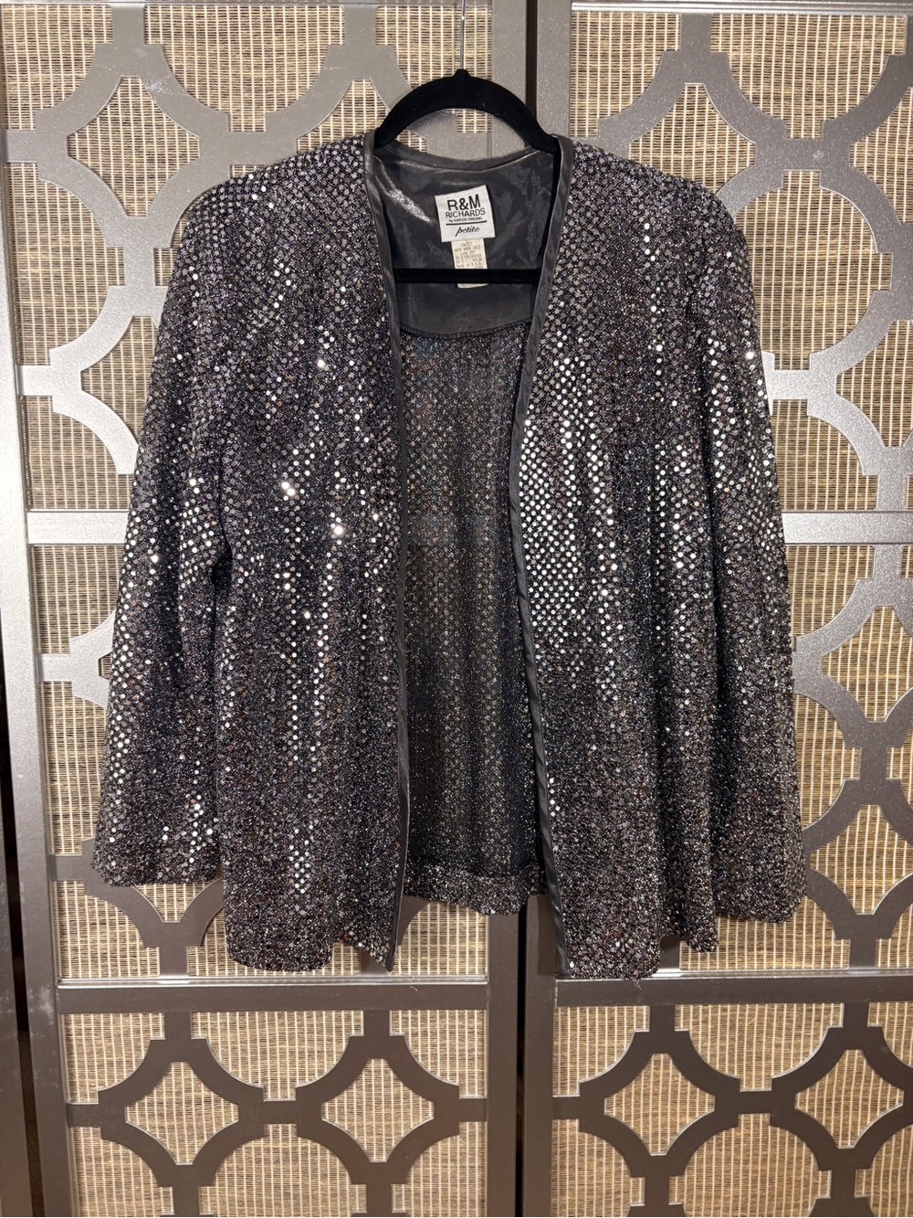 R&M Richards Black Sequin Open-Front Blazer